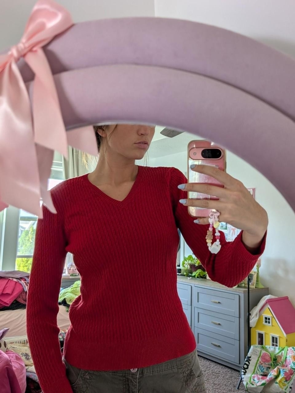 Red Ribbed V-Neck Sweater Size Large